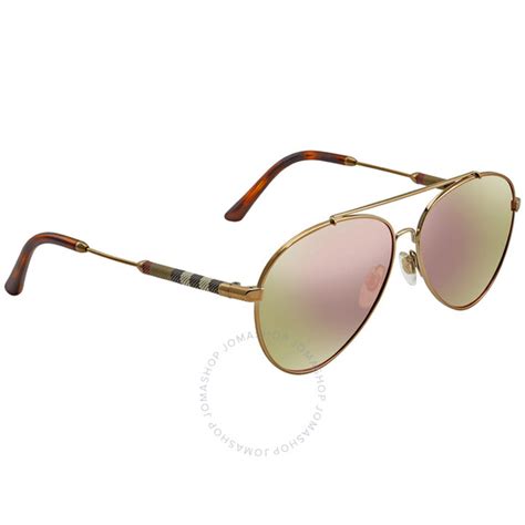 Burberry Grey Mirror Rose Gold Pilot Ladies Sunglasses 